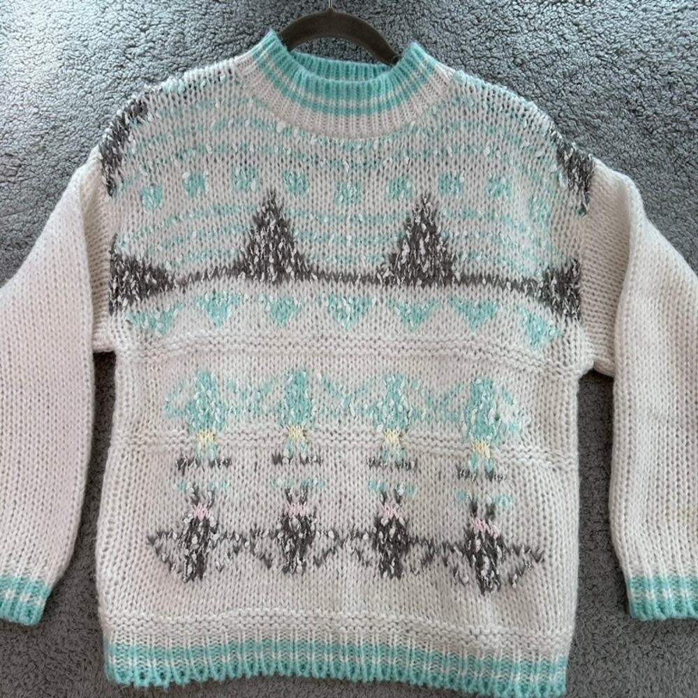 VTG Helium 80's Women's Large Knit Sweater Crew Neck White / Gray / Blue - Picture 2 of 11